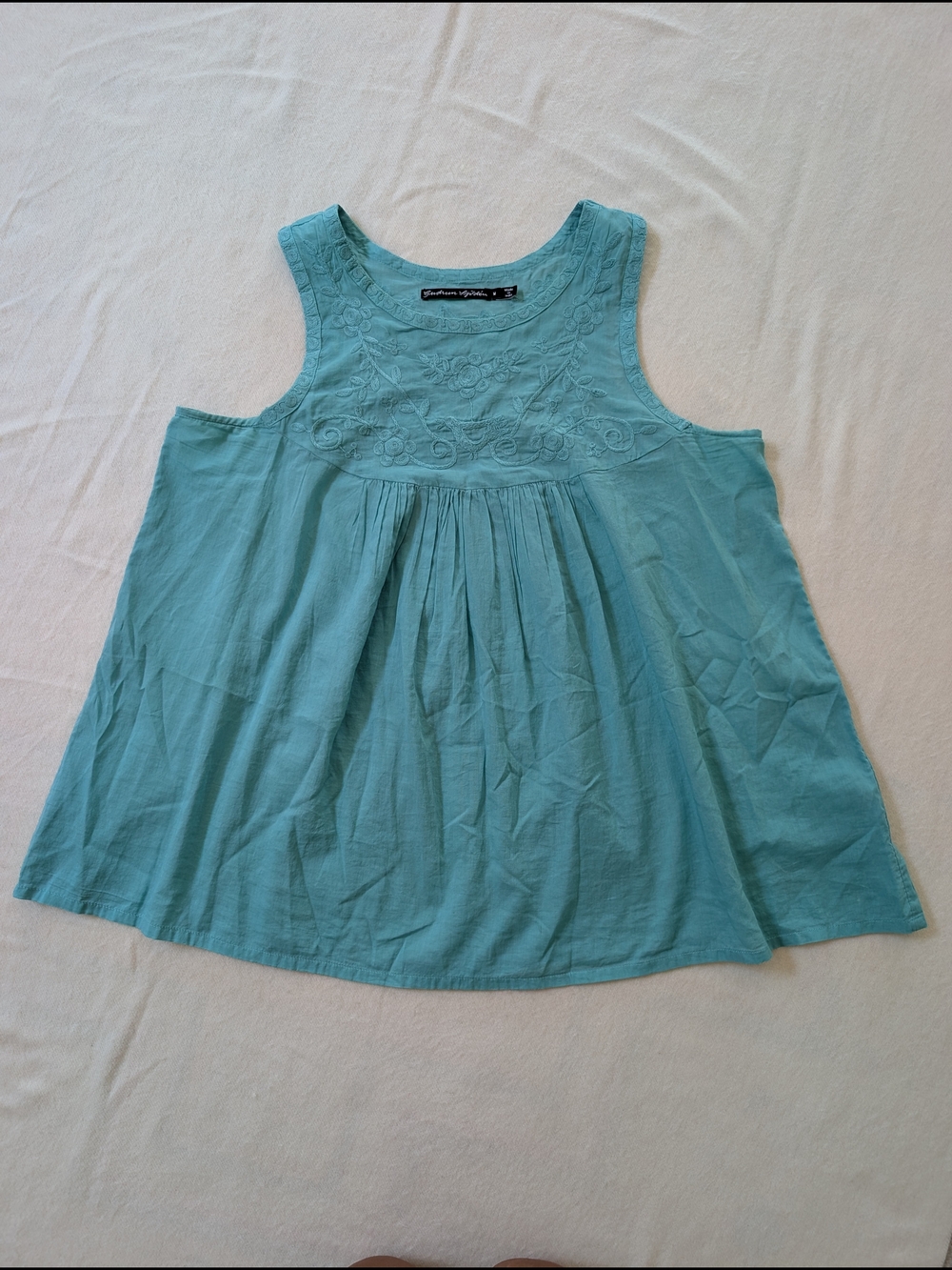 100% Cotton Gudrun Sjoden Tissu Tank Top Embroidered Gathered Jade M - Picture 3 of 8